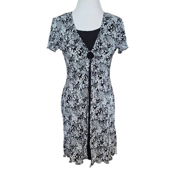 Vintage Y2K Womens Small Black Retro Floral Pleated Dress Knee Length Layered - Picture 2 of 14